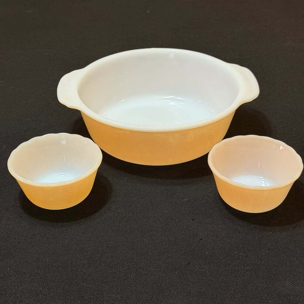 Fire King Peach Lustre Casserole and 2 Ramekins Set